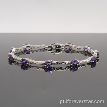 Bracelete de prata esterlina com pedra natural ametista